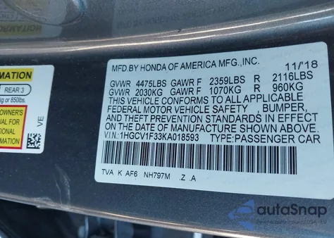 2019 Honda Accord Sport из США, поврежденный, VIN 1HGCV1F33KA018593